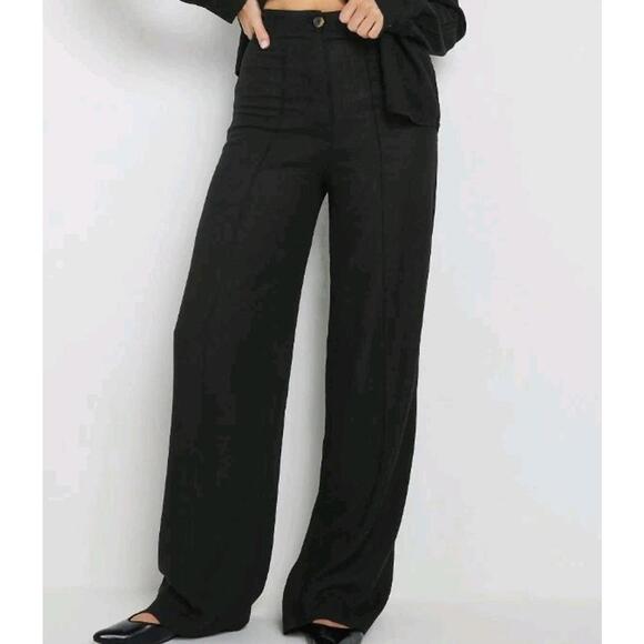 Long Tall Sally LTS Pleated Pants 16 Tall Black Linen Blend Wide Leg Pull On - Picture 1 of 5